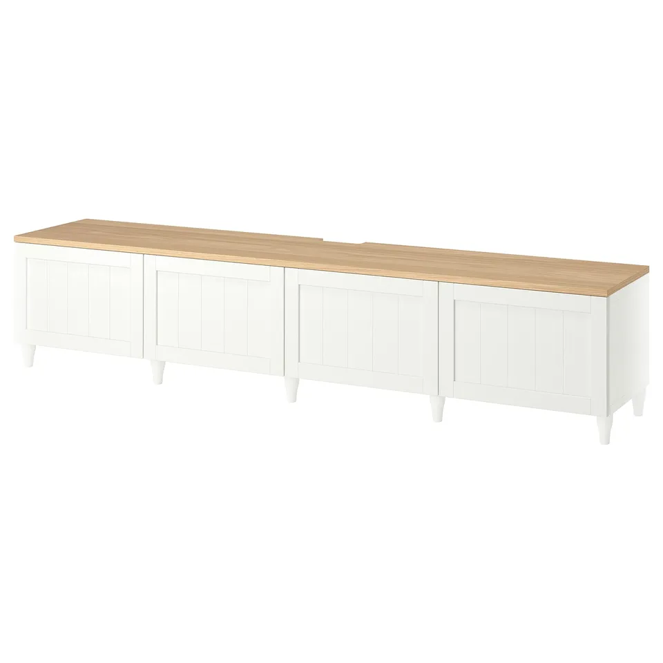 BESTÅ TV bench with doors, white/Pipmakare white, 240x42x50 cm