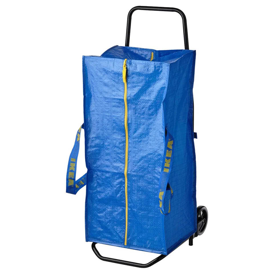 IKEA RULLEBÖR blue bag trolley; durable plastic, upright rectangular design, yellow zip, foldable, easy carry handle.