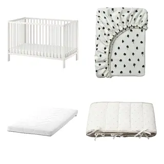 GRÖNFINK/GULLIVER/KRUMMELUR/LENAST set: cot + fitted sheet for cot + foam mattress for cot + bumper pad