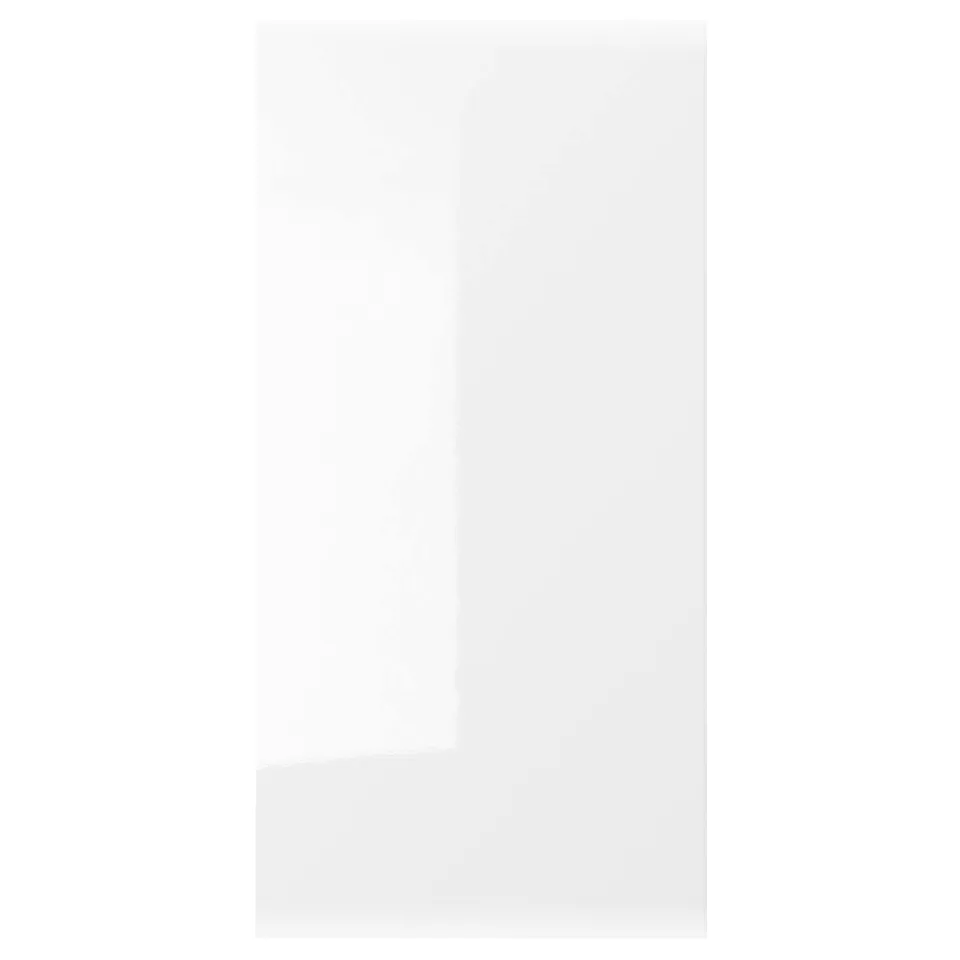 White, high-gloss RINGHULT kitchen cabinet door with sleek, modern lines made from fiberboard and melamine foil.