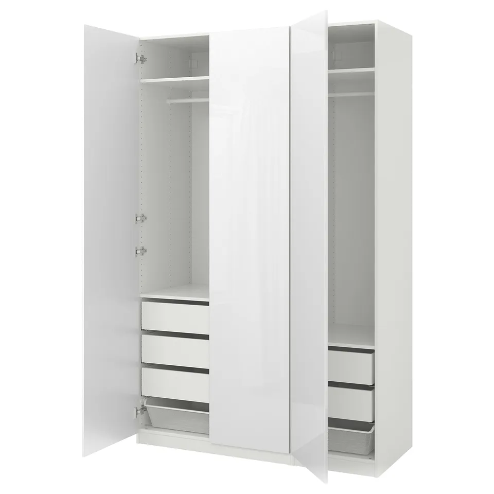 White PAX wardrobe with drawers and shelves open.