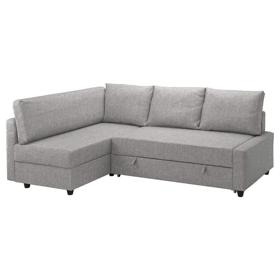 Grey upholstered l-shaped corner sofa with storage and fold-out bed, modern minimalist design.