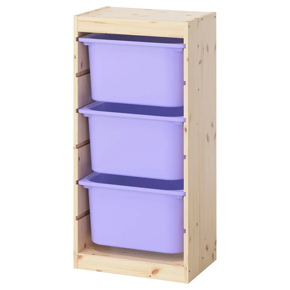 TROFAST wooden toy storage, light purple boxes, 3-tier, simple design.