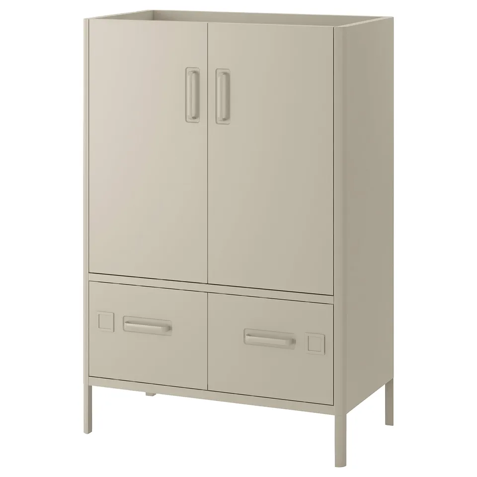 Beige IDÅSEN cabinet, 4 doors with silver handles & adjustable legs.