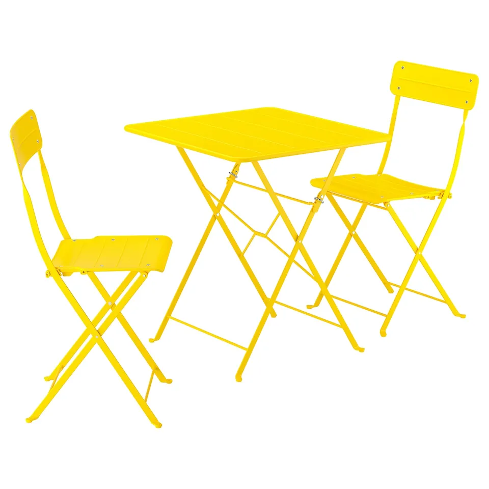 Bright yellow foldable patio set with square table and two chairs, perfect for small spaces.