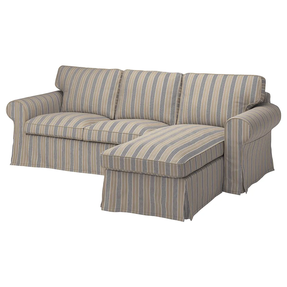 EKTORP sofa, striped grey fabric, l-shape, rolled arms, modern.