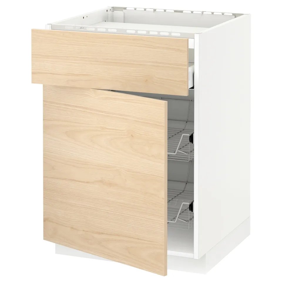 A METOD kitchen cabinet with a light ash wood door, featuring a wire basket inside and a 25-year guarantee.