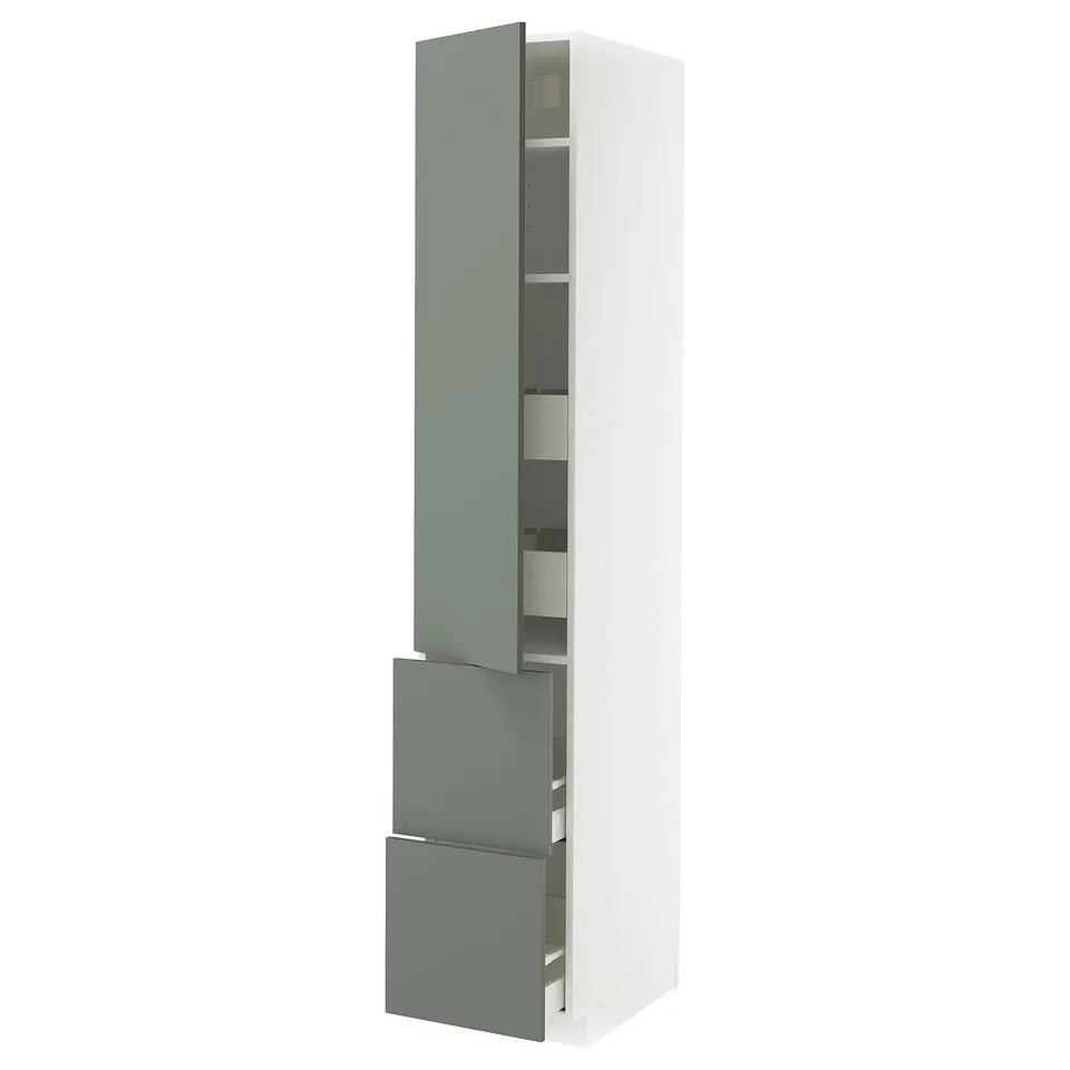 A tall METOD kitchen cabinet with grey-green nickebo fronts, featuring adjustable shelves and a sleek design.