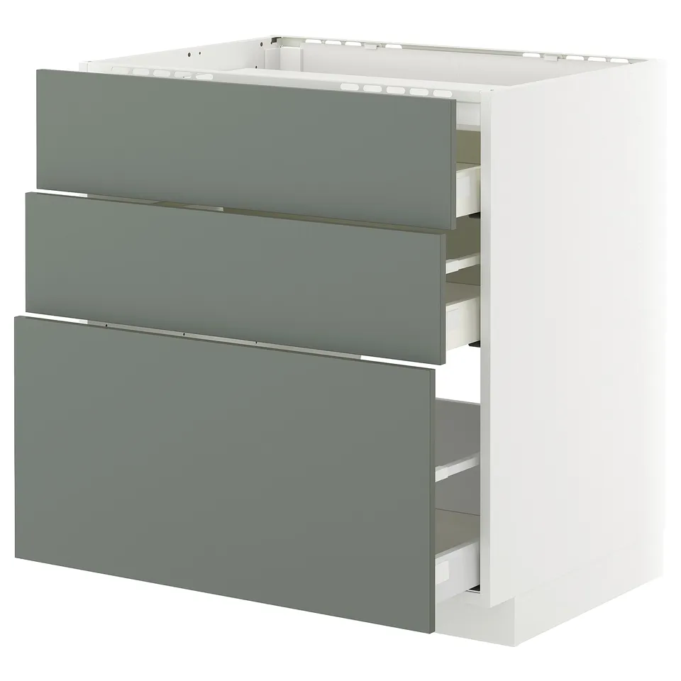 A METOD kitchen cabinet in grey-green with multiple drawers.