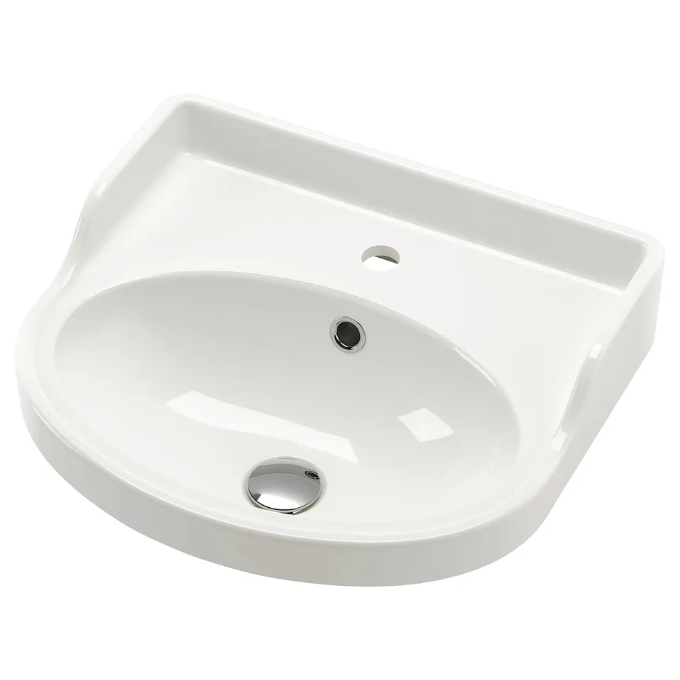 RUTSJÖN white ceramic basin, semi-recessed, oval, with raised backsplash and chrome drain.