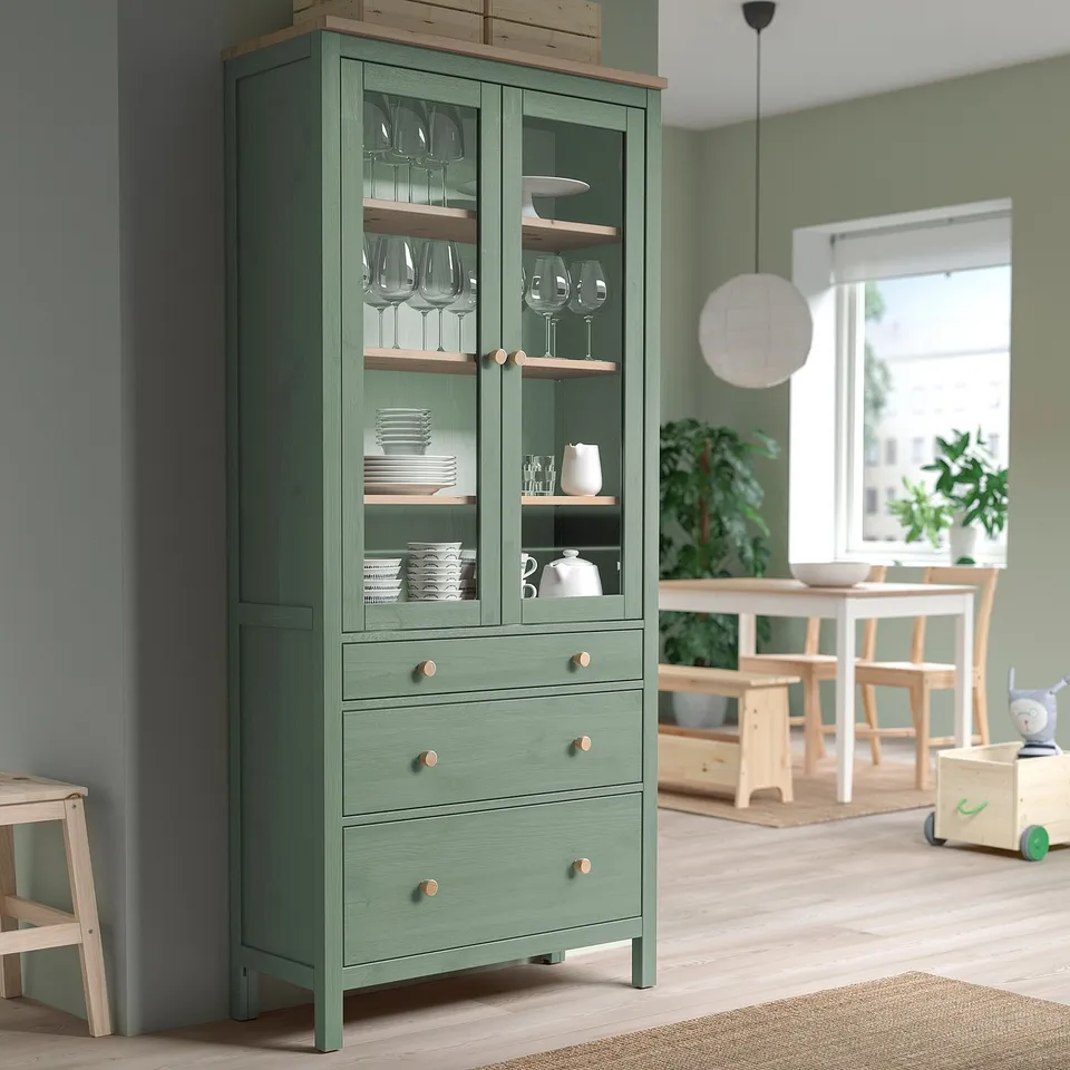 part: HEMNES glass-door cabinet with 3 drawers