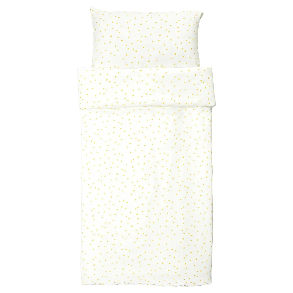 White bedding set BARNDRÖM with yellow polka dots. Includes flat sheet, pillowcase, and duvet cover in cotton and viscose/rayon.