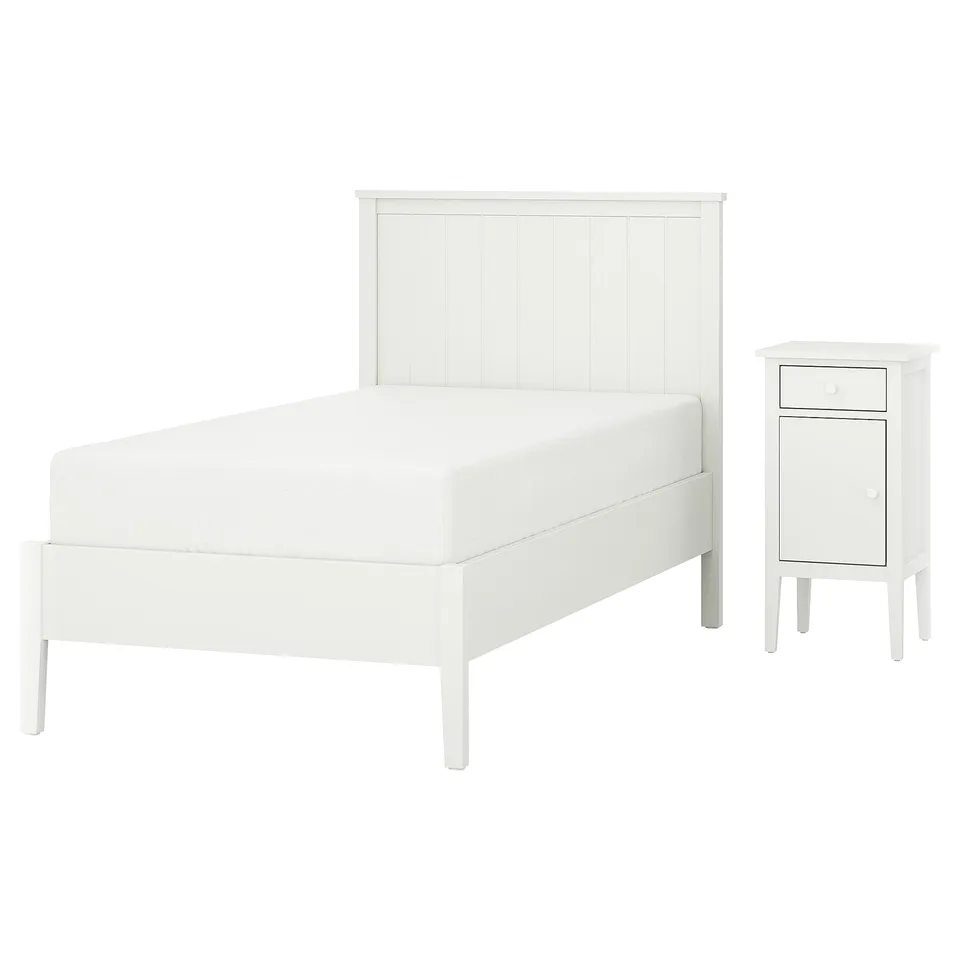 White gullberg bed & table. Modern design, slatted base, single drawer.