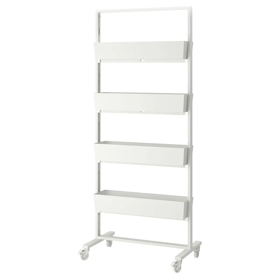 The MITTZON, a white, metal rolling storage unit with five shelves, for organising and greenery.