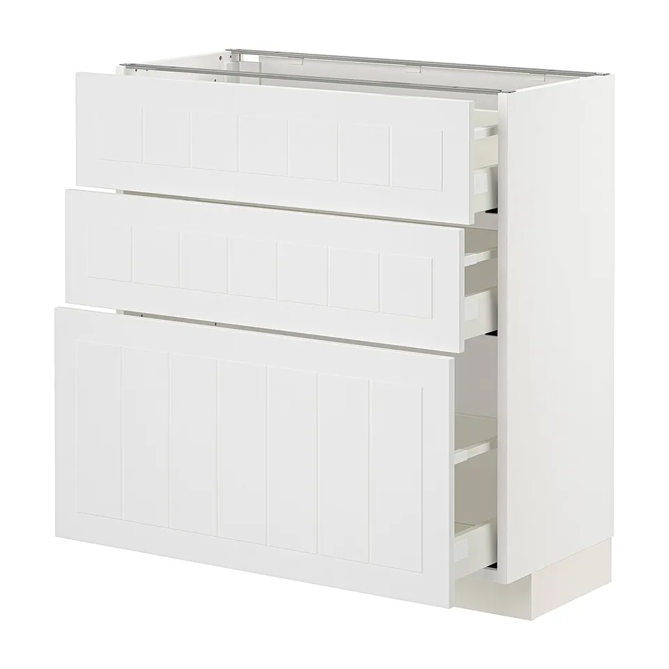 White METOD cabinet with three drawers, smooth panels, sturdy construction.