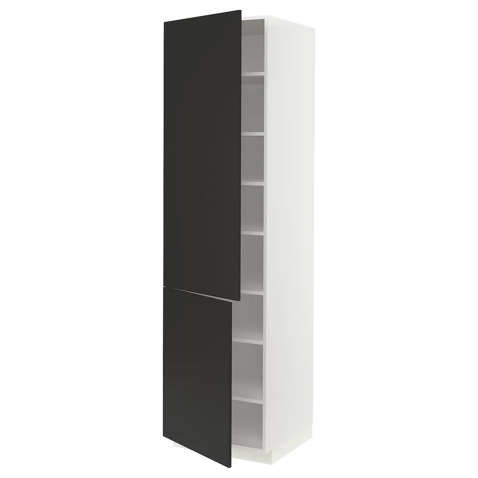 A sleek white and black METOD kitchen cabinet. Its modern design adjustable shelves and reversible doors.
