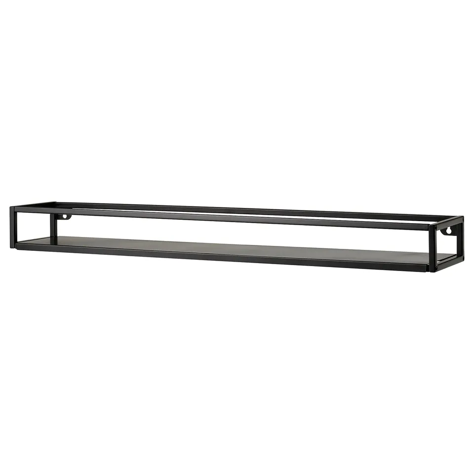 LINDÅSEN black metal wall shelf for wall mounting, rectangular shape, versatile display unit.