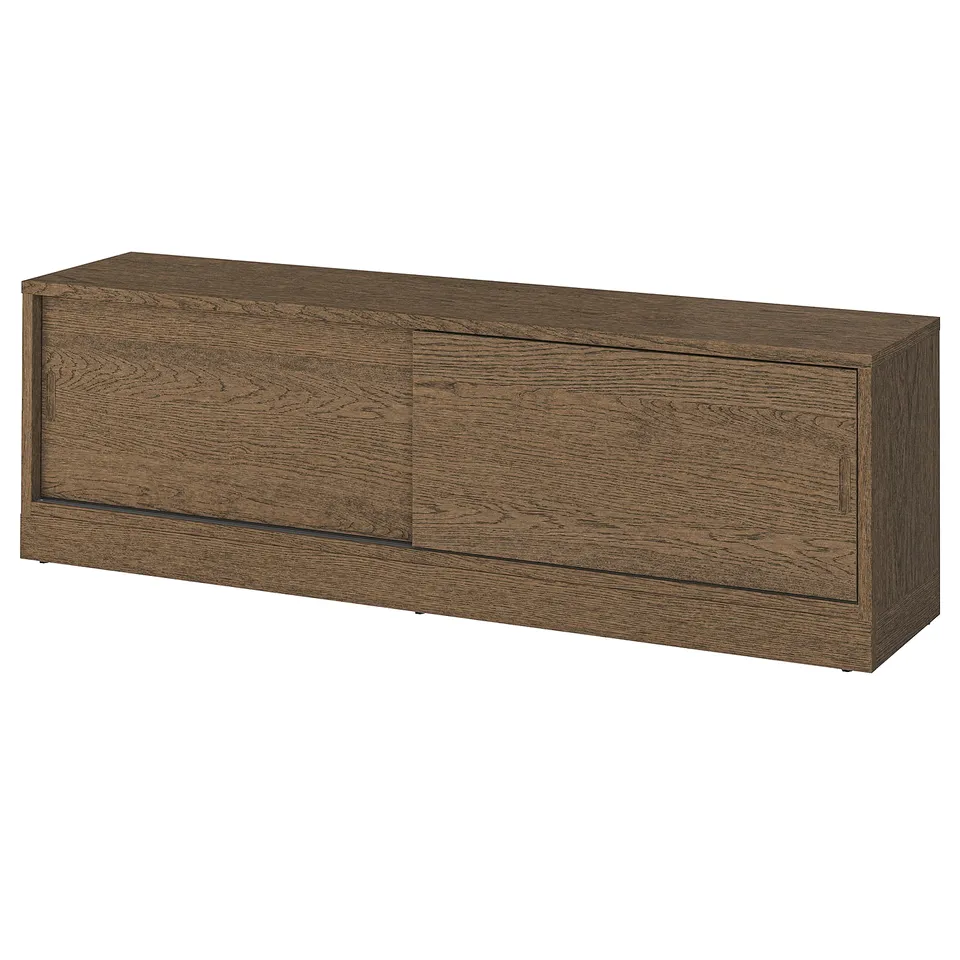 Brown TONSTAD tv bench with brushed wood finish & sliding doors, rectangular.