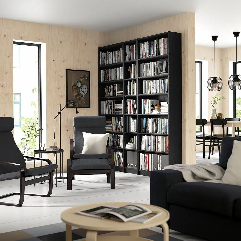 Modern living room with bookcases and large windows.