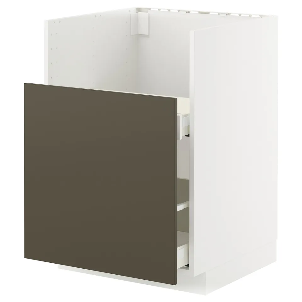 Modern white kitchen cabinet with dark brown drawer, sleek design, durable materials.