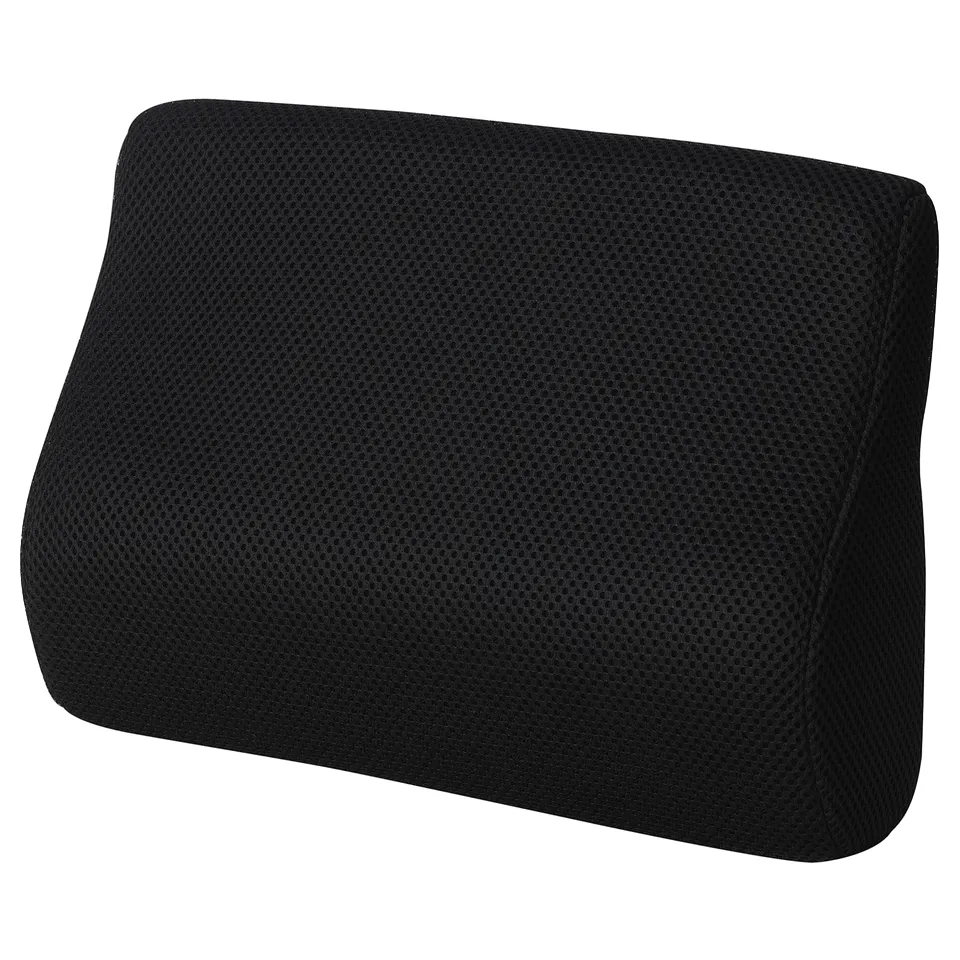 Black BORTBERG lumbar cushion, rectangular, mesh texture, memory foam filled, attaches to chairs for back support.