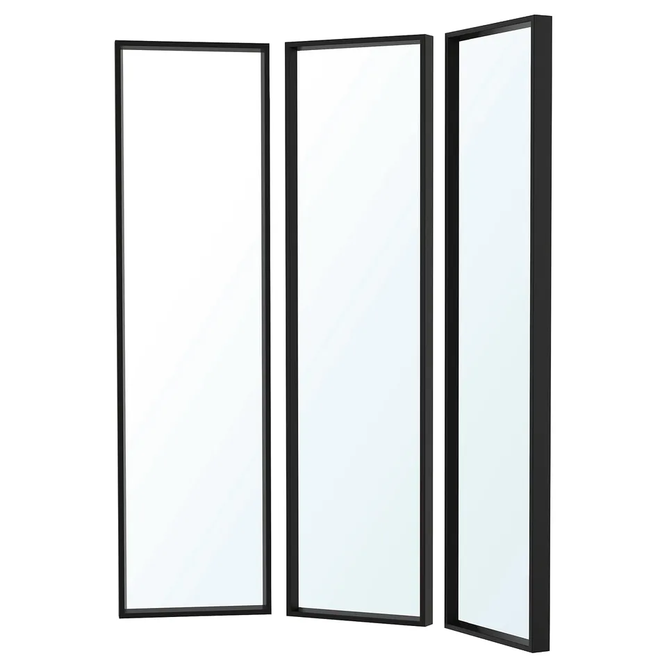 Three-fold black-framed mirror for wall, ideal for bathrooms and dressing rooms.