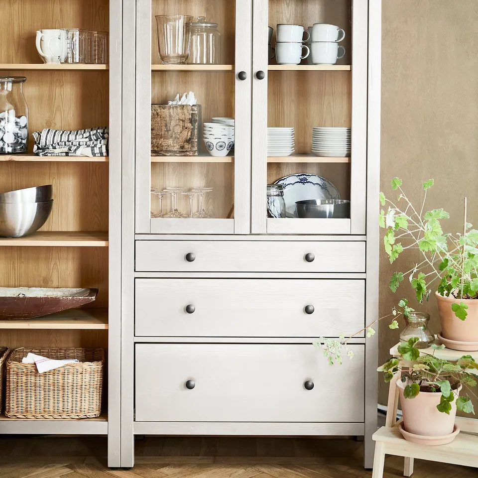 HEMNES Storage combination w doors/drawers, white/light brown stained, 180x197 cm
