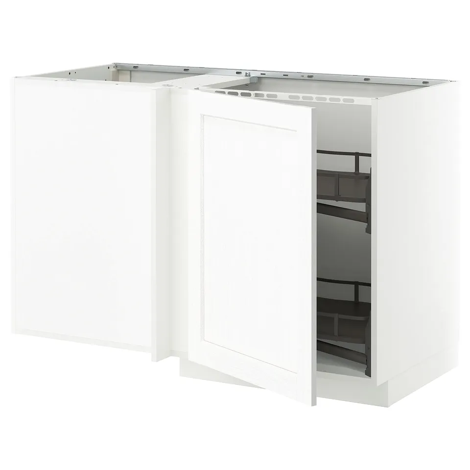 White kitchen cabinet with pull-out shelf; modern, rectangular design; metal hinges, sturdy construction.