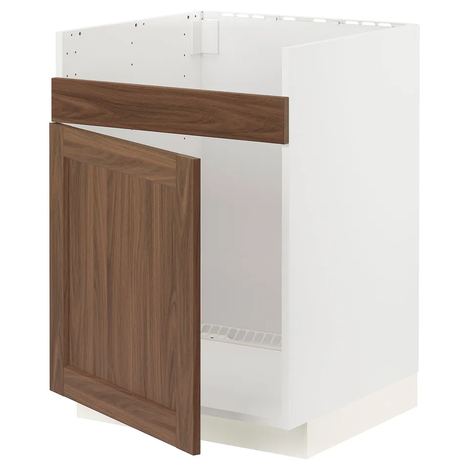 Ikea METOD white kitchen cabinet with walnut door, rectangular shape and flat design.
