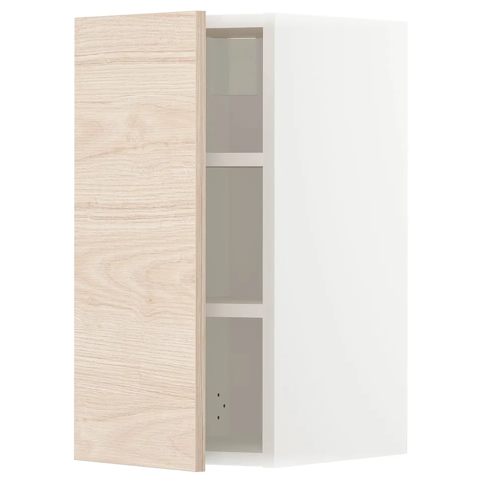 Wood-patterned kitchen cabinet with three shelves, left-side opening door.