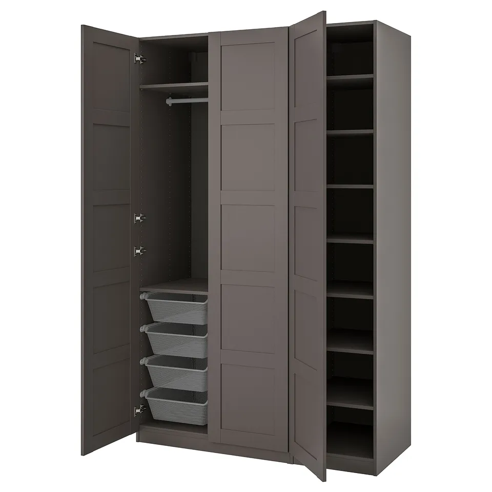 An open grey PAX wardrobe with shelves and mesh baskets.