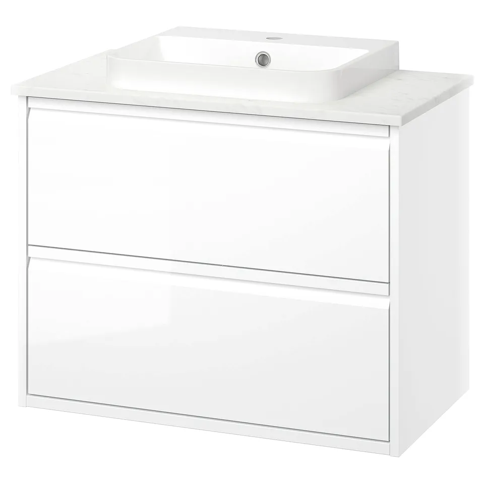 ÄNGSJÖN white bathroom cabinet: glossy, rectangular, marble countertop, 2 drawers, sleek design.