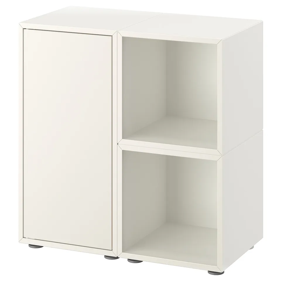EKET: white storage unit with open and closed sections. Clean, minimalist design for versatile use.