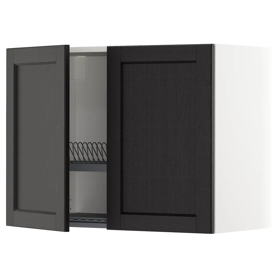 Modern black wooden wall cabinet with open door revealing metal rack, part of ikea METOD kitchen system.