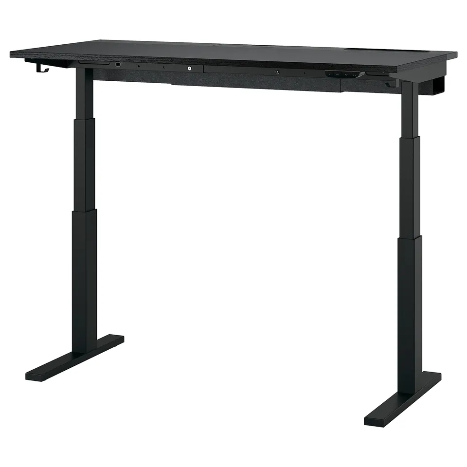 Black adjustable standing desk MITTZON. Minimalist design with sturdy metal legs and durable top. Includes cable management tray.