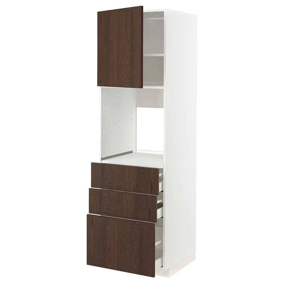 METOD kitchen cabinet: white with dark wood drawers, sleek design
