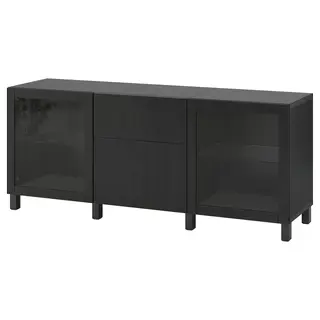 BESTÅ storage combination with drawers, black-brown Lappviken/Sindvik/Stubbarp black-brown clear glass, 180x42x74 cm