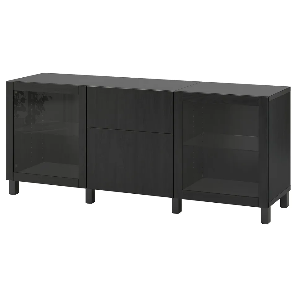 Black BESTÅ sideboard with adjustable shelves, glass doors, and centre drawer.
