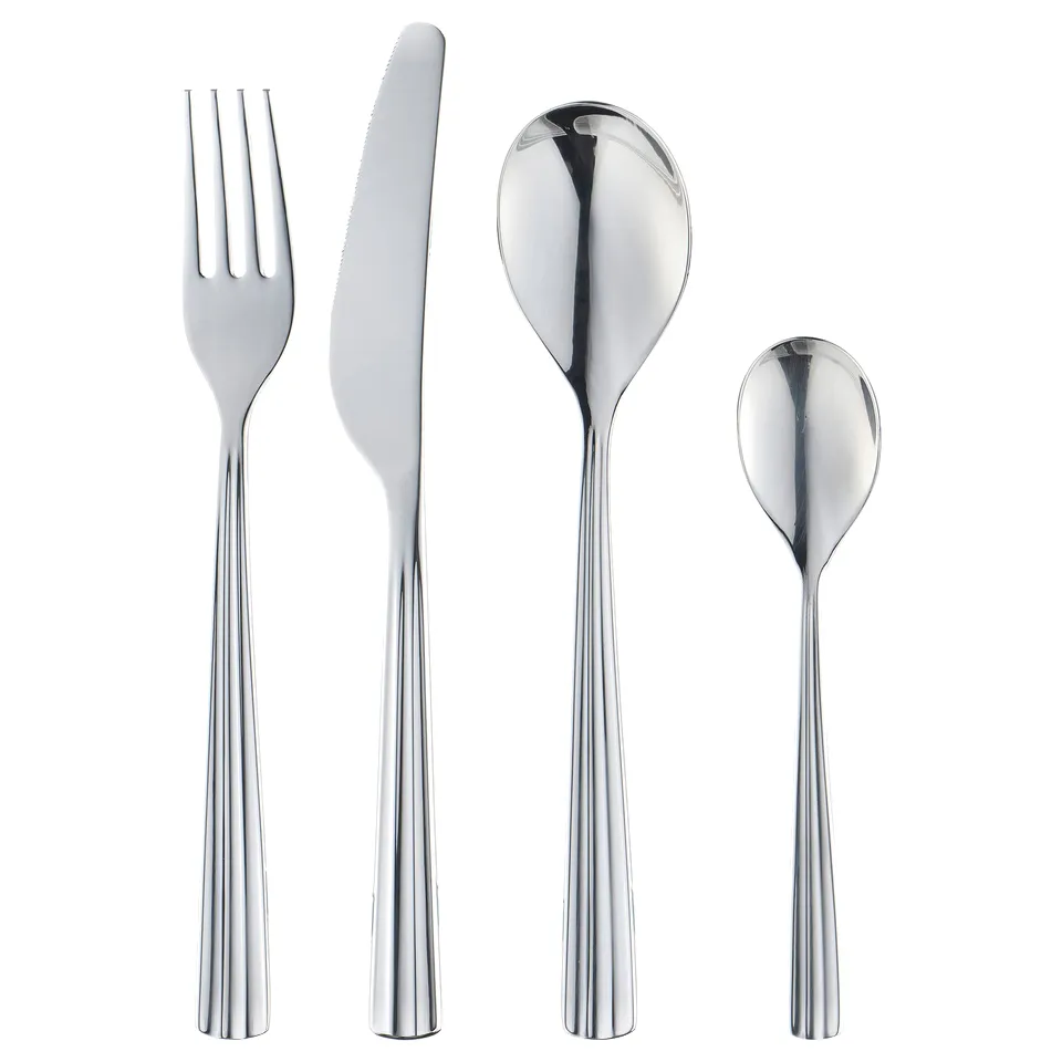 Shiny metallic cutlery set: fork, knife, big and small spoons, modern sleek design.