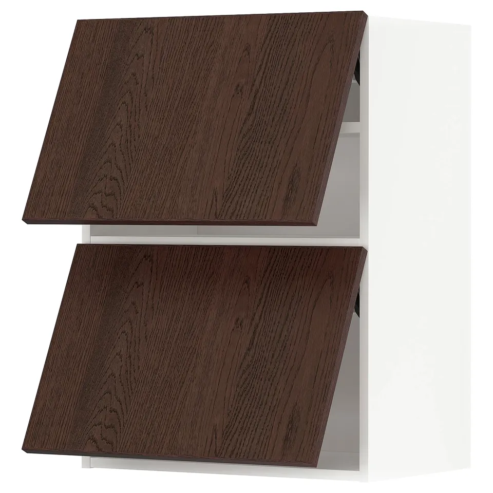 Dark brown wooden kitchen cabinets with sleek, modern design. Two drawers and white sides.