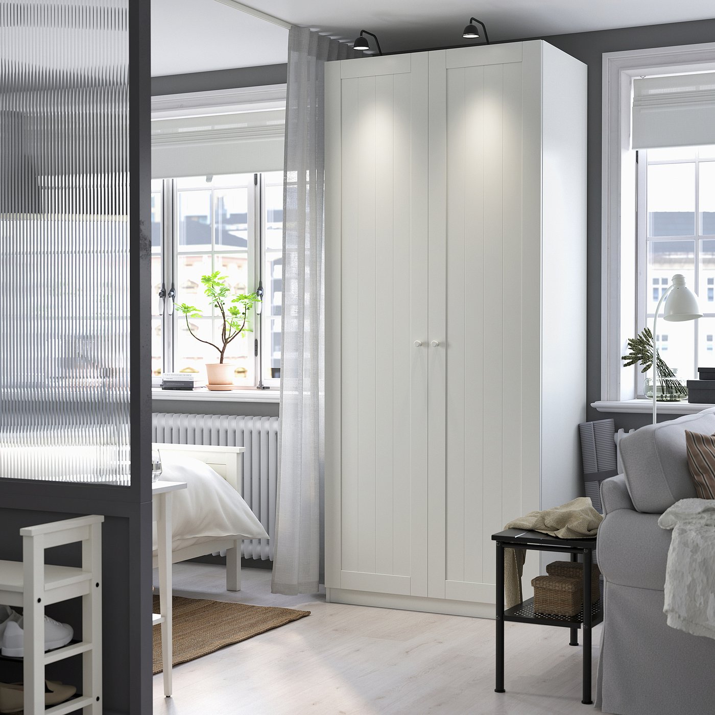 White GULLABERG wardrobe - tall, 2 doors, near window