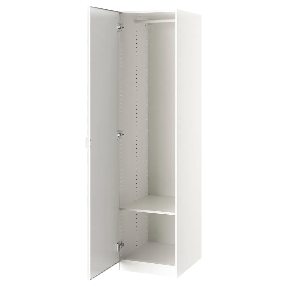 White PAX wardrobe, tall, rectangular, mirrored, with adjustable feet, hinged door, interior shelf.