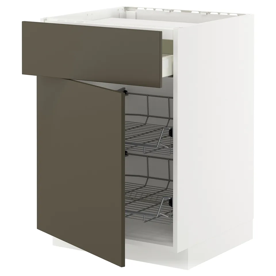 Modern white kitchen cabinet with brown drawer, wire shelves, sleek design.