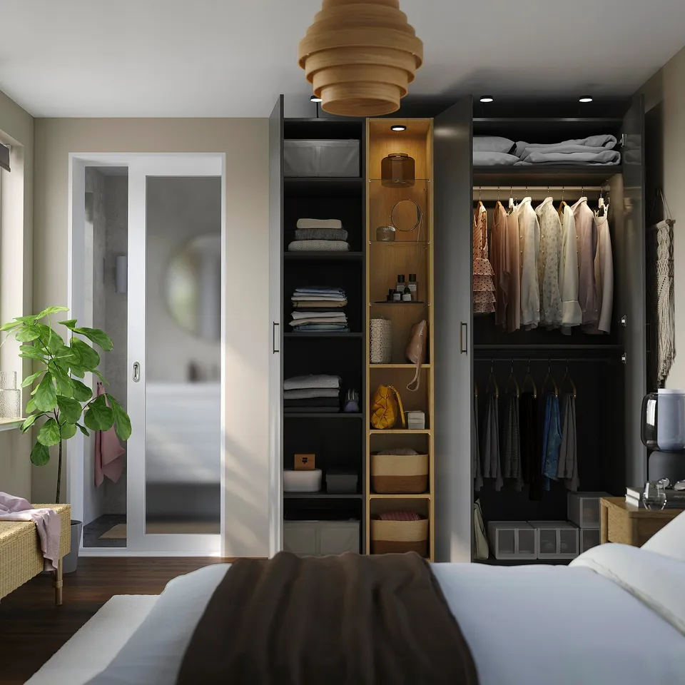 PAX / FORSAND Wardrobe combination, dark grey dark grey/oak effect, 185x60x236 cm