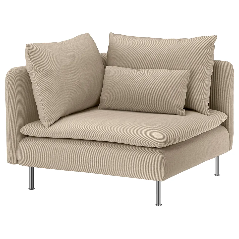 IKEA SÖDERHAMN chair in beige, made from recycled polyester, has a modern design with metal legs.