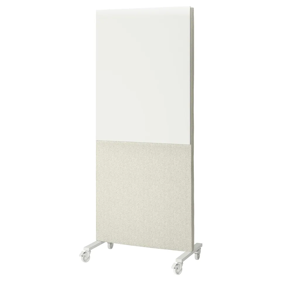 MITTZON: white mobile room divider screen with wheels, textured lower half, simple rectangular design.