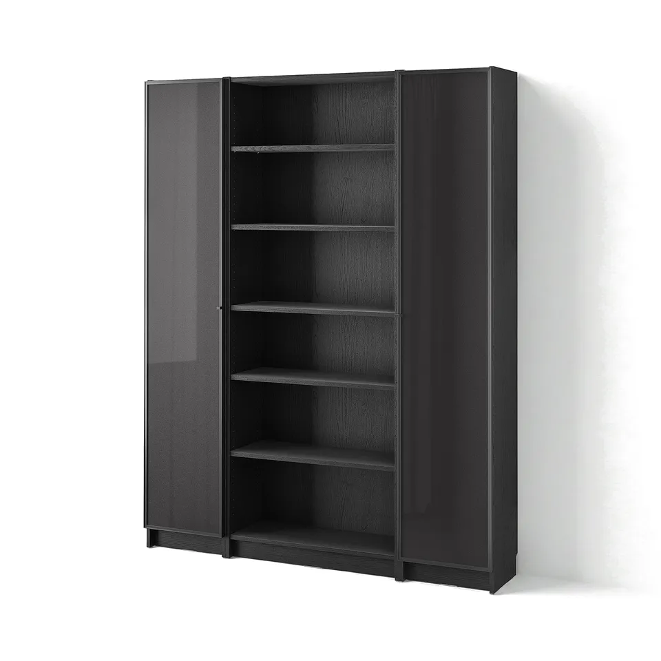 Black BILLY bookcase with glass doors sleek, modern design.