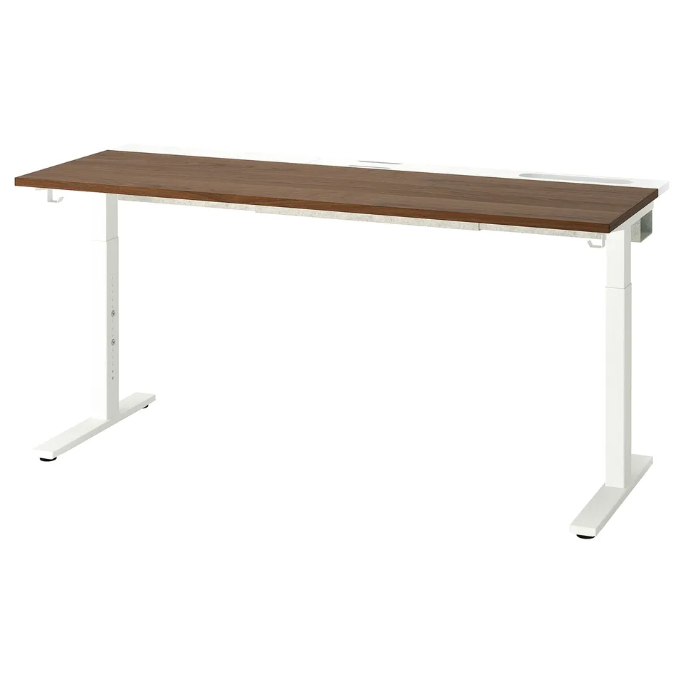 MITTZON height-adjustable desk, brown top, white legs, rectangular shape, sleek design.