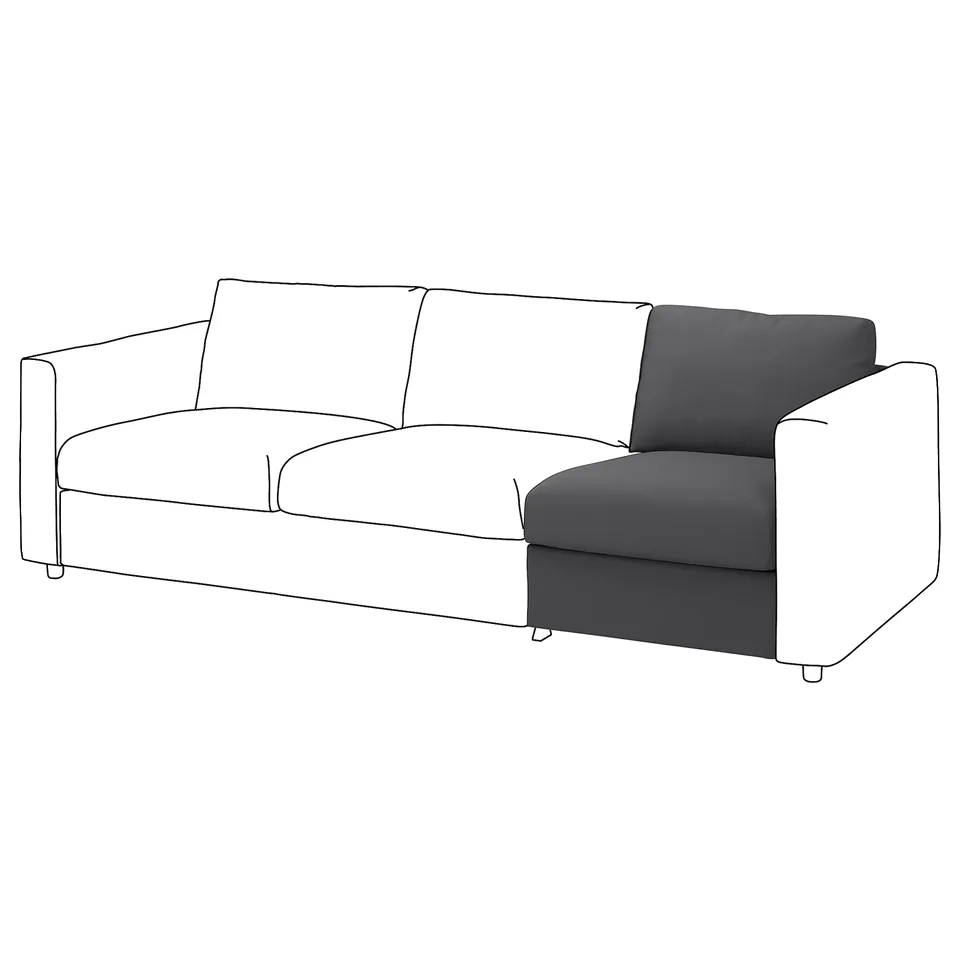 VIMLE couch: grey, soft fabric, modern design, three cushions.