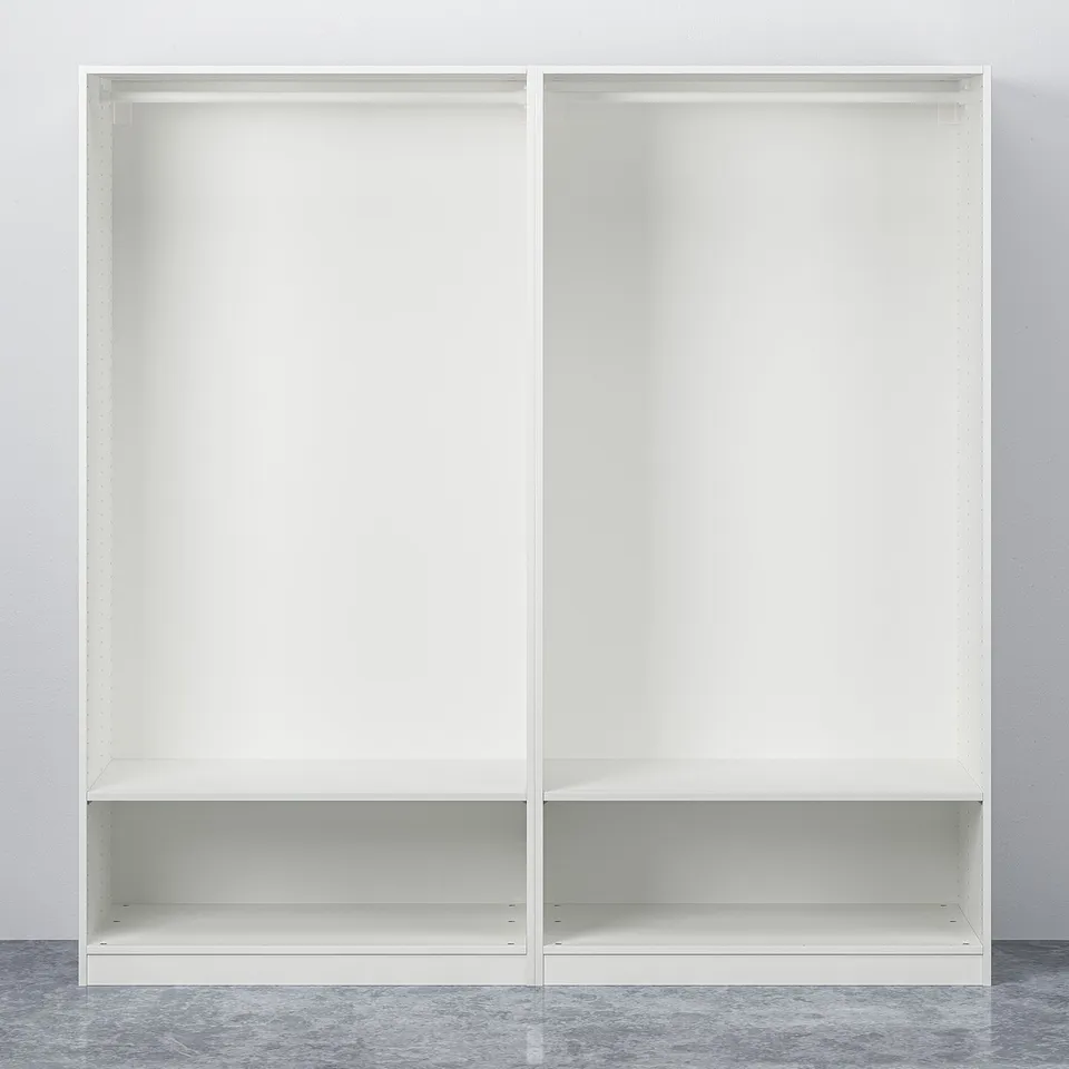 White double wardrobe with two open sections, designed for easy assembly and wall mounting, suitable for organising clothes and other items.